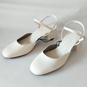 Zara Women Leather Cream Pump Size 42 Chunky Comfy Block Low Heel Buckle Sandals